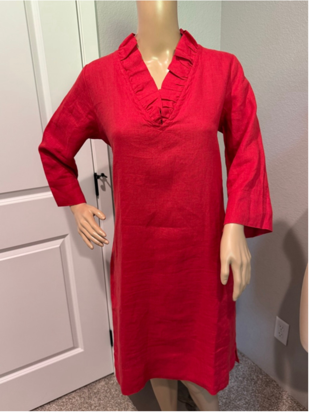 Women's Crown Linen Designs Red Long Sleeve Dress S ruffle neck 3/4 sleeve